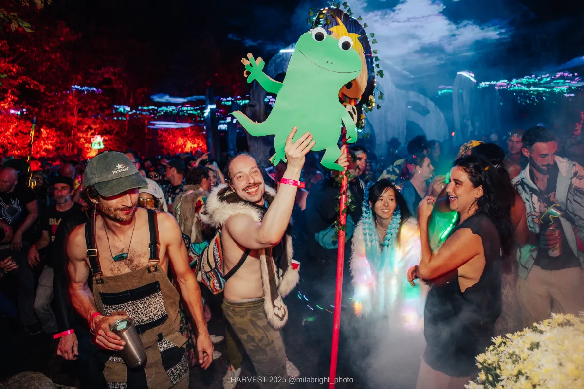 A smiling man holding up a green cutout frog totem while dancing with friends at a crowded night music festival under green lasers and lights.