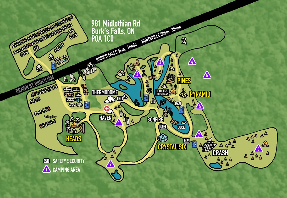 Expand Map of Harvest Festival grounds: Thermodome, Bonfire, Crystal Six, Pines, Pyramid, Crash