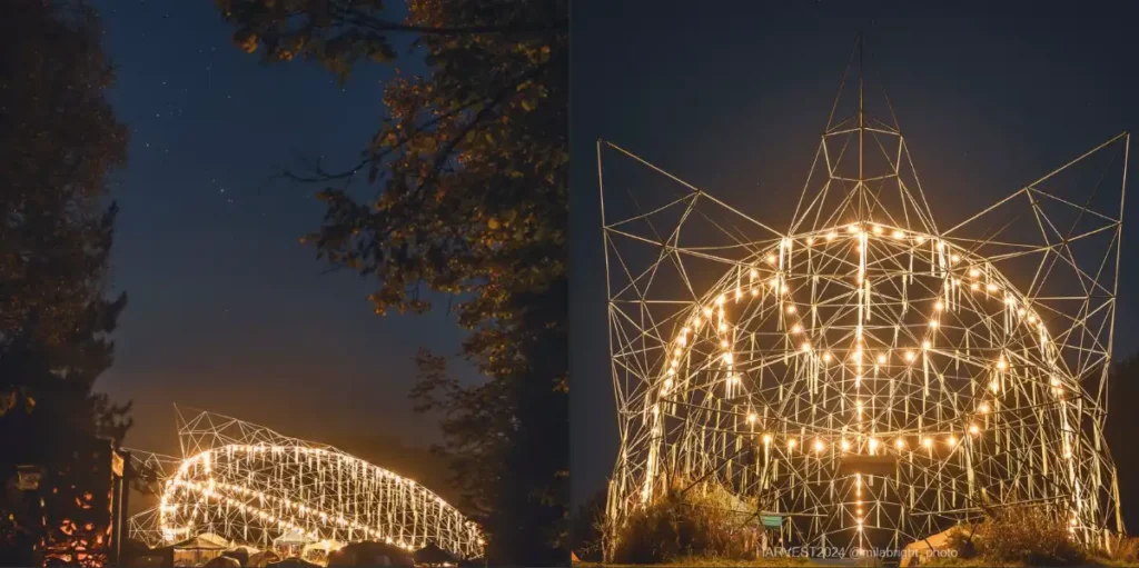 Geodesic structure lit at night