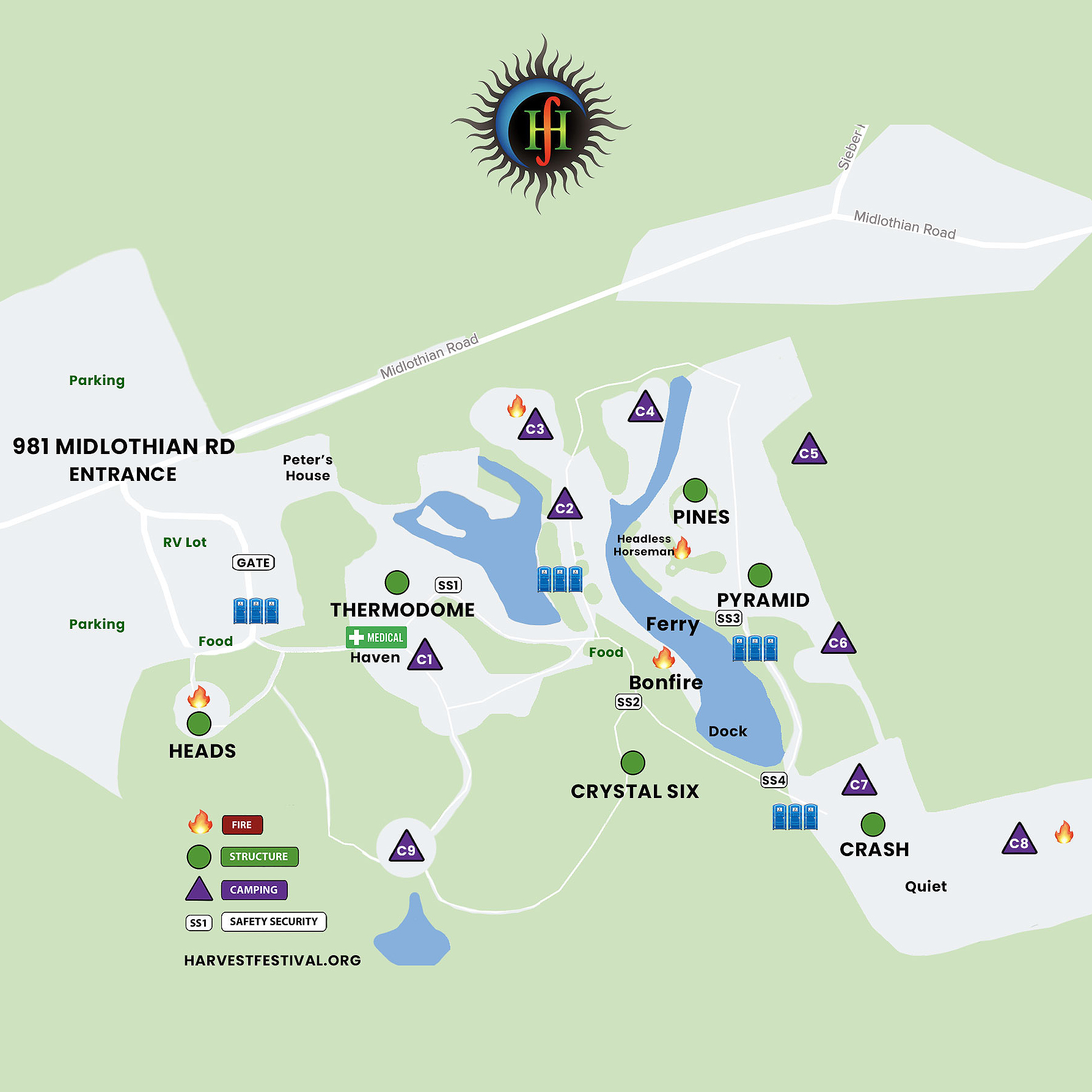 Map with stage, camping and porta-potty toilet locations