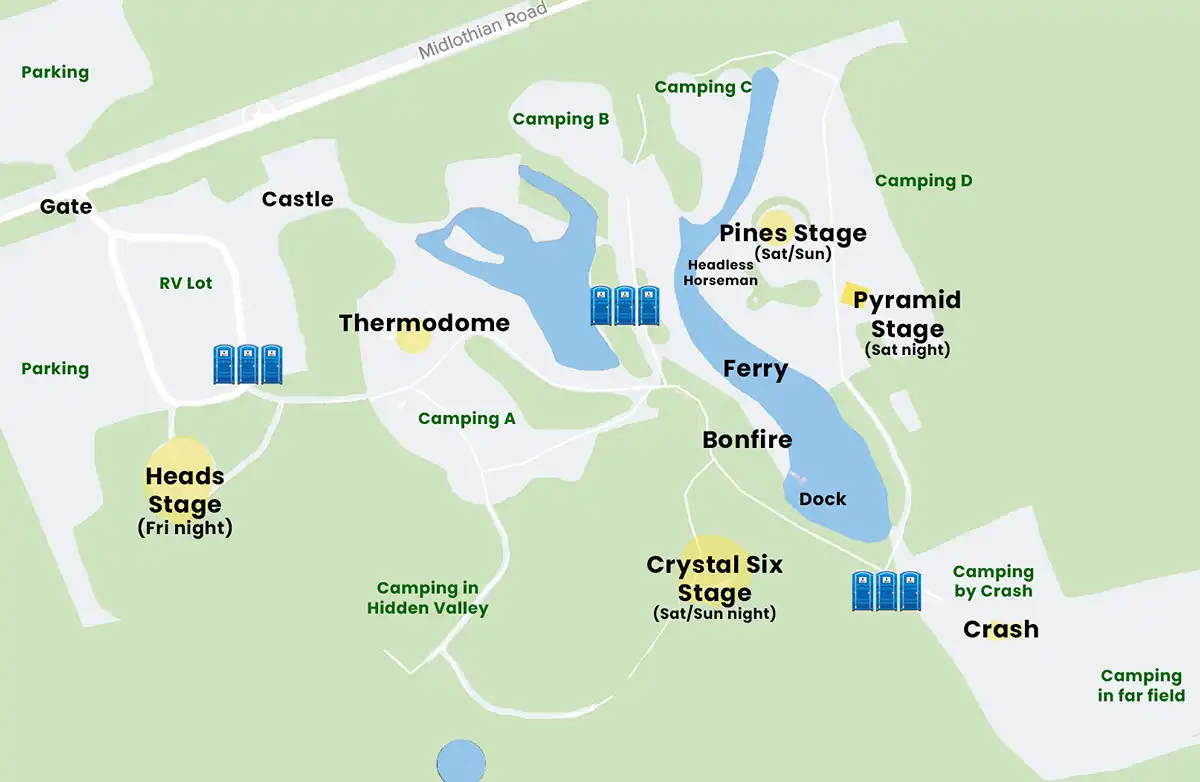 Map with stage, camping and porta-potty toilet locations