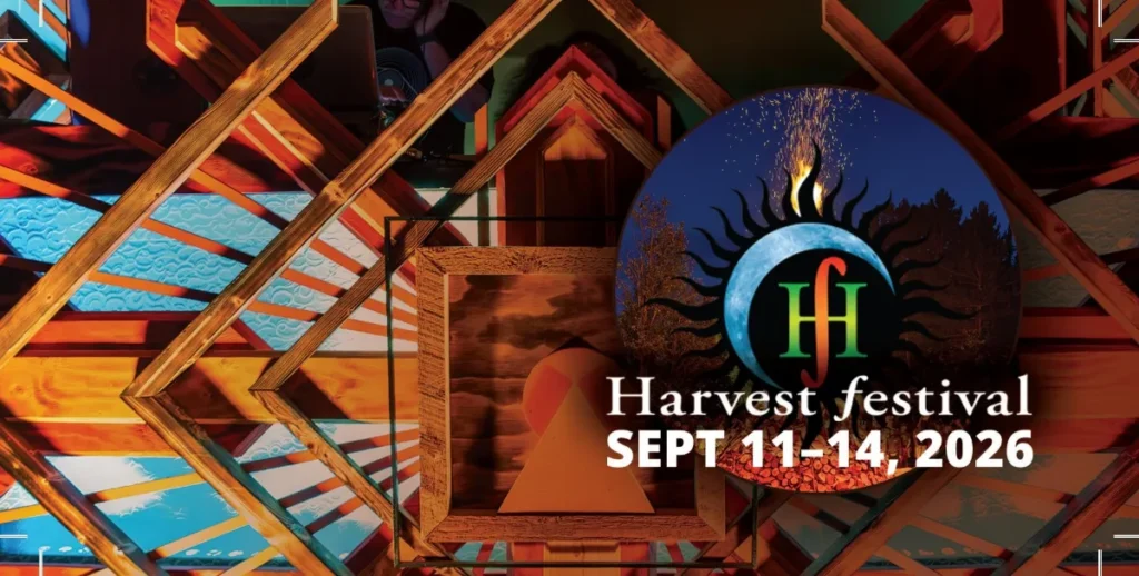 Abstract wooden stage detail with Harvest festival 2026, Sept 11-14-2026, and logo