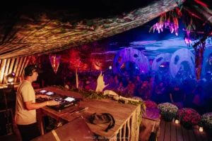HARVEST 2025, @milabright_photo-2907 DJ by outdoor dancefloor lit red and blue with screaming heads