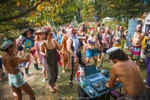 HARVEST 2025, @milabright_photo-3328 Festival goers in colorful outfits dance to a DJ at an outdoor music event.
