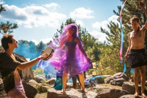 HARVEST 2025, @milabright_photo-3686 People in colorful outfits at a sunny outdoor festival with ribbons and tambourine