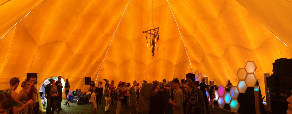 Panorama of inside the deep yellow Pyramid stage